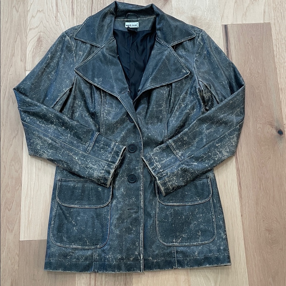 Vintage Wet Seal Y2K Distressed Black /Tan Pleather Blazer Jacket - Large